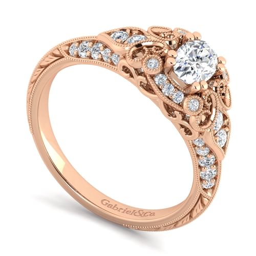 Unique 14K Rose Gold Vintage Inspired Oval Diamond Halo Engagement Ring