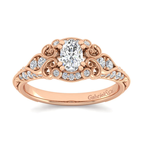 Unique 14K Rose Gold Vintage Inspired Oval Diamond Halo Engagement Ring