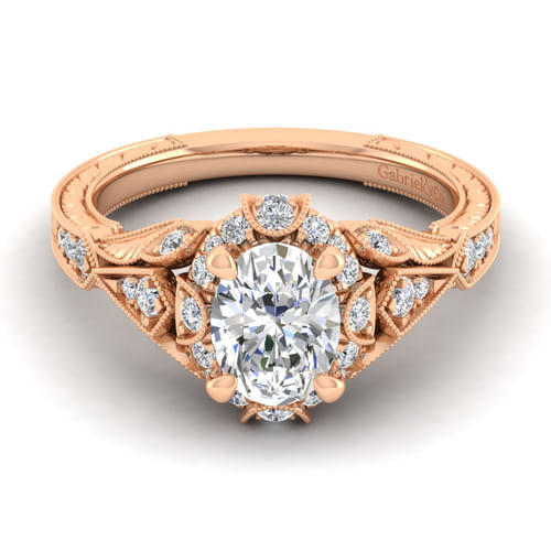 Unique 14K Rose Gold Vintage Inspired Oval Halo Diamond Engagement Ring