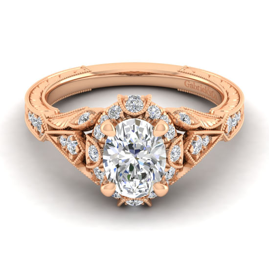 Gabriel - Unique 14K Rose Gold Vintage Inspired Oval Halo Diamond Engagement Ring