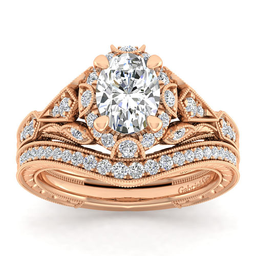 Unique 14K Rose Gold Vintage Inspired Oval Halo Diamond Engagement Ring