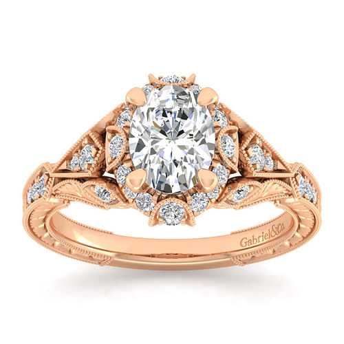 Unique 14K Rose Gold Vintage Inspired Oval Halo Diamond Engagement Ring