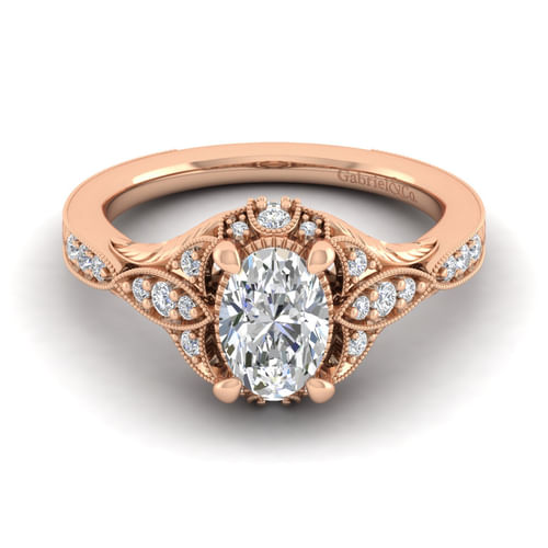 Unique 14K Rose Gold Vintage Inspired Oval Halo Diamond Engagement Ring