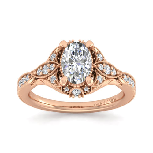 Unique 14K Rose Gold Vintage Inspired Oval Halo Diamond Engagement Ring
