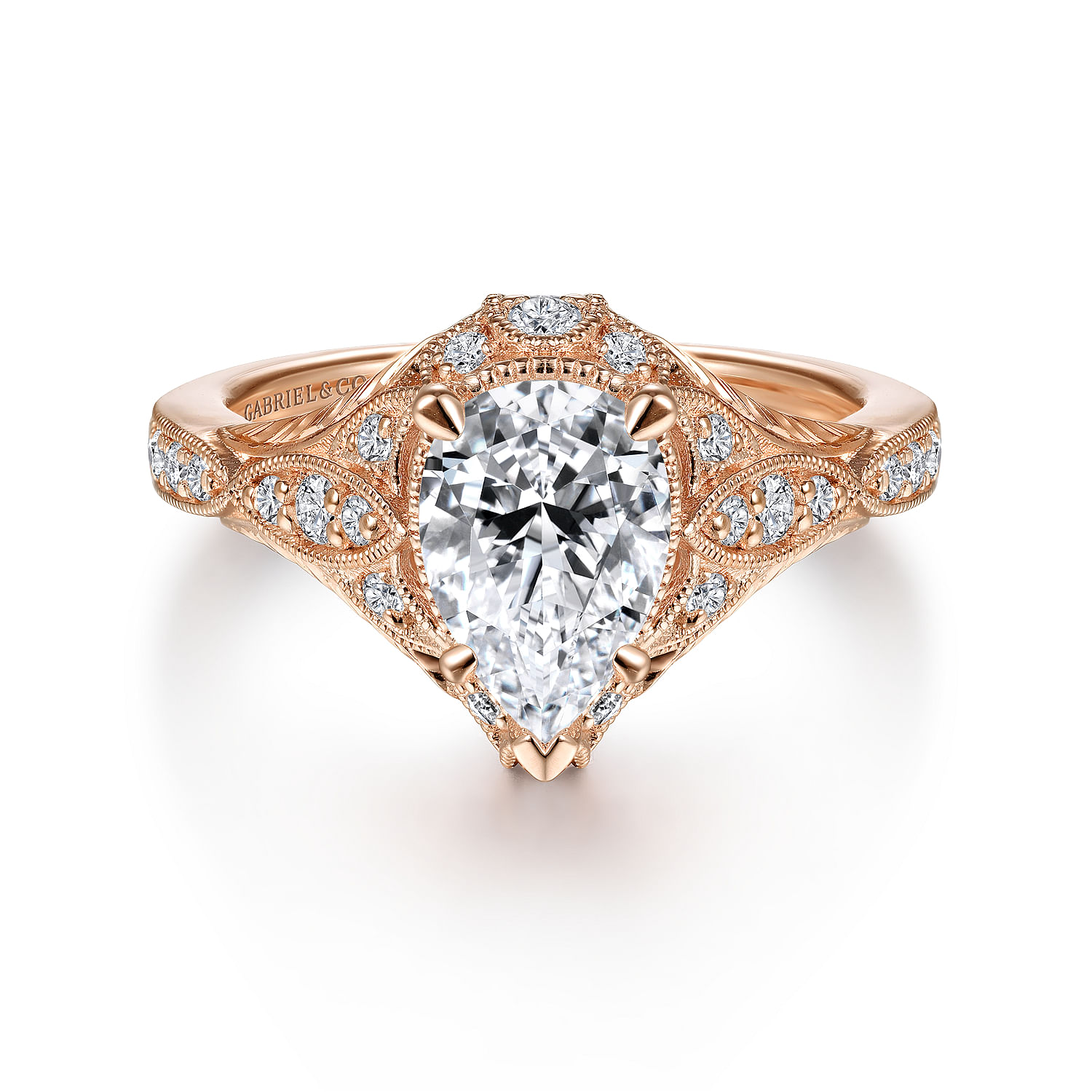 Unique 14K Rose Gold Vintage Inspired Pear Shape Diamond Halo Engagement Ring