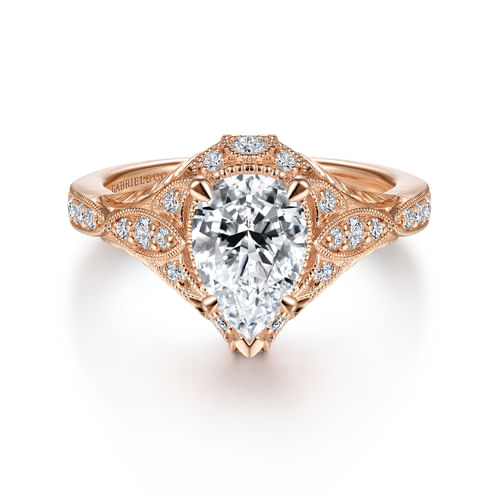 Unique 14K Rose Gold Vintage Inspired Pear Shape Diamond Halo Engagement Ring
