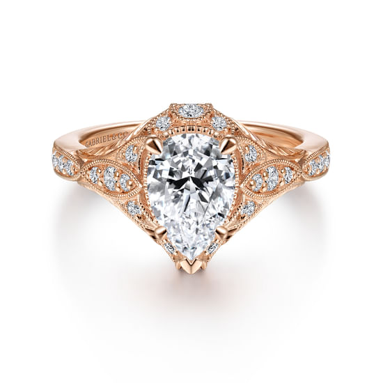 Gabriel - Unique 14K Rose Gold Vintage Inspired Pear Shape Diamond Halo Engagement Ring