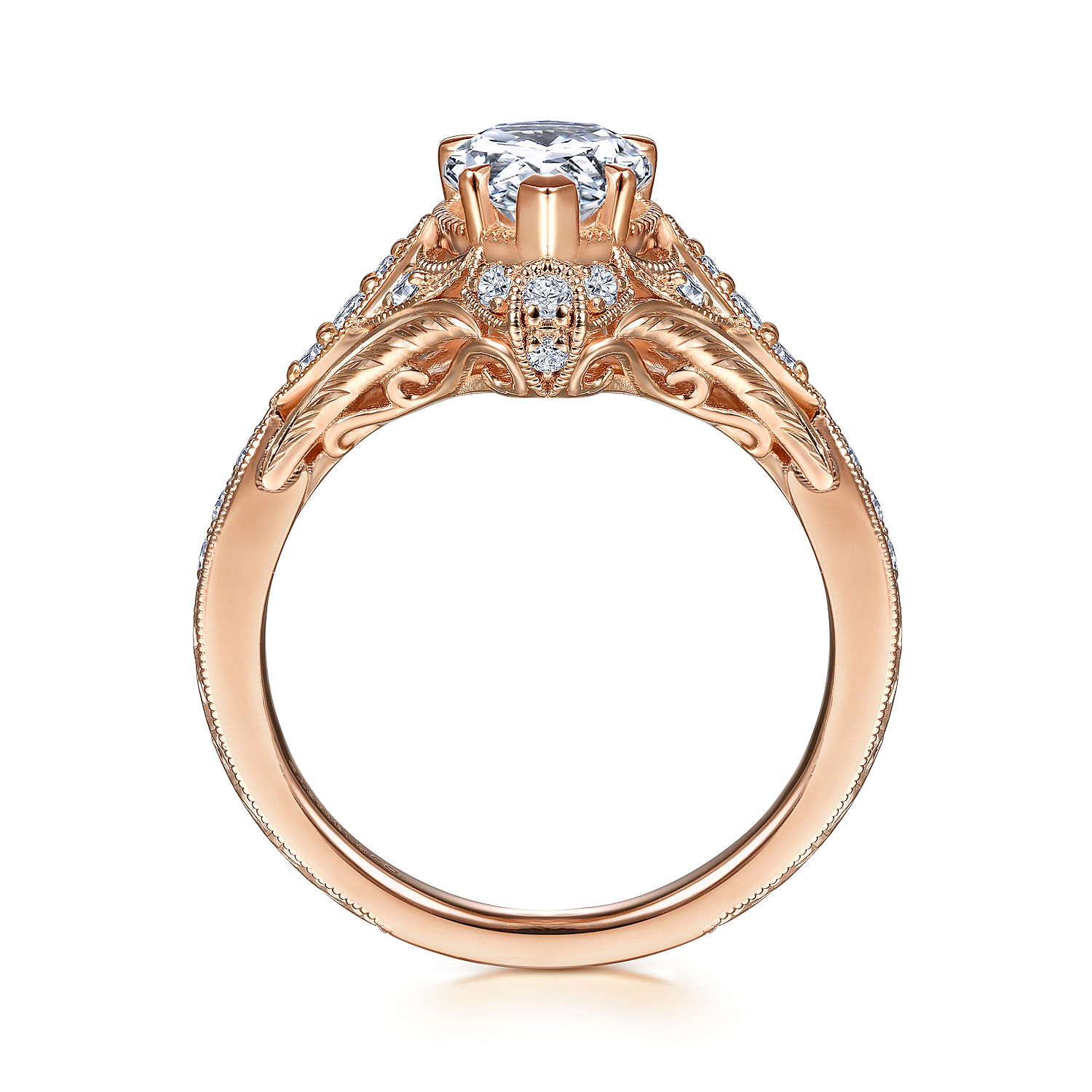 Unique 14K Rose Gold Vintage Inspired Pear Shape Diamond Halo Engagement Ring