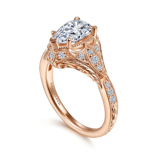 Unique 14K Rose Gold Vintage Inspired Pear Shape Diamond Halo Engagement Ring