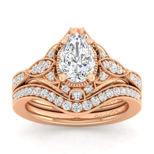 Unique 14K Rose Gold Vintage Inspired Pear Shape Diamond Halo Engagement Ring