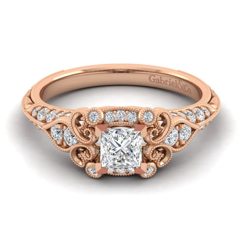 Unique 14K Rose Gold Vintage Inspired Princess Halo Diamond Engagement Ring