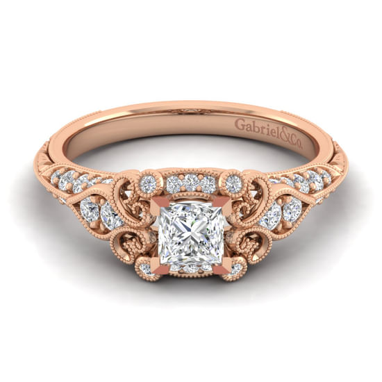 Gabriel - Unique 14K Rose Gold Vintage Inspired Princess Halo Diamond Engagement Ring