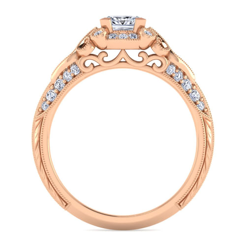 Unique 14K Rose Gold Vintage Inspired Princess Halo Diamond Engagement Ring