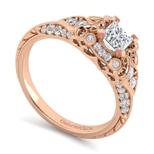 Unique 14K Rose Gold Vintage Inspired Princess Halo Diamond Engagement Ring