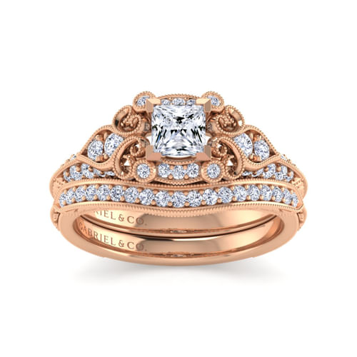 Unique 14K Rose Gold Vintage Inspired Princess Halo Diamond Engagement Ring