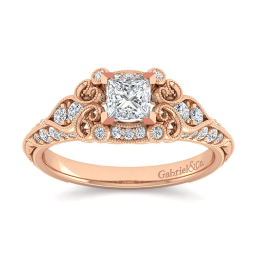 Unique 14K Rose Gold Vintage Inspired Princess Halo Diamond Engagement Ring