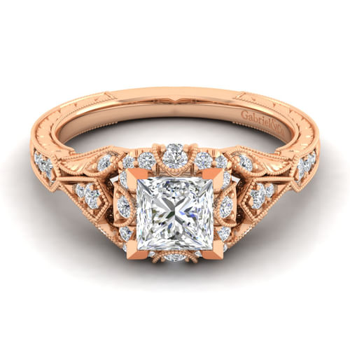 Unique 14K Rose Gold Vintage Inspired Princess Halo Diamond Engagement Ring