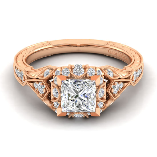 Gabriel - Unique 14K Rose Gold Vintage Inspired Princess Halo Diamond Engagement Ring