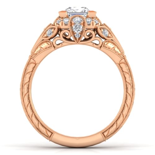 Unique 14K Rose Gold Vintage Inspired Princess Halo Diamond Engagement Ring