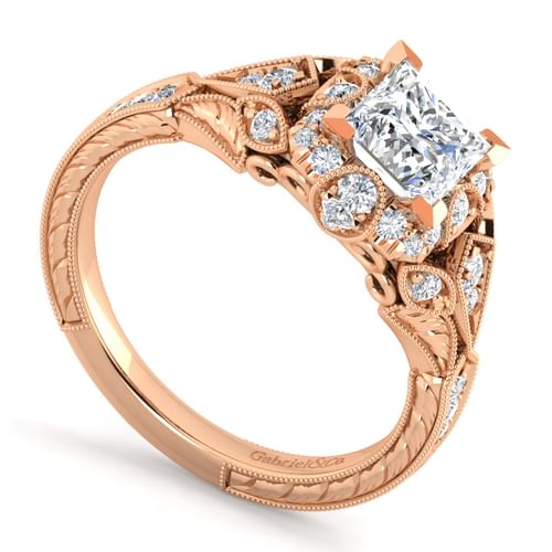 Unique 14K Rose Gold Vintage Inspired Princess Halo Diamond Engagement Ring