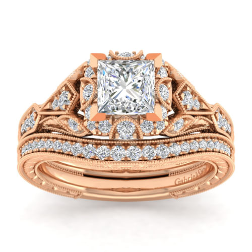 Unique 14K Rose Gold Vintage Inspired Princess Halo Diamond Engagement Ring