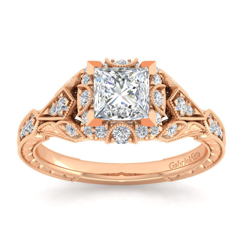 Unique 14K Rose Gold Vintage Inspired Princess Halo Diamond Engagement Ring