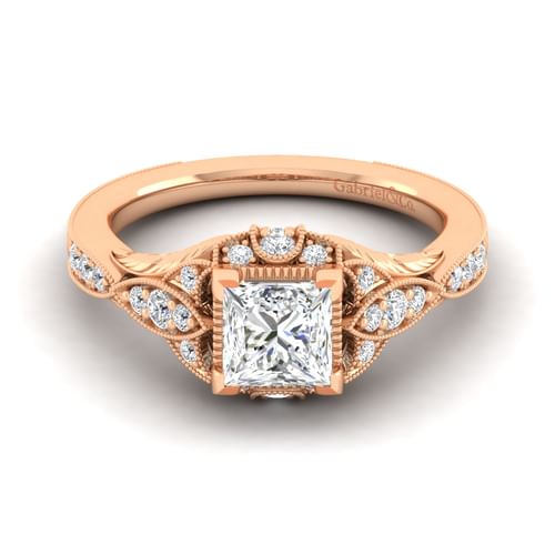 Unique 14K Rose Gold Vintage Inspired Princess Halo Diamond Engagement Ring
