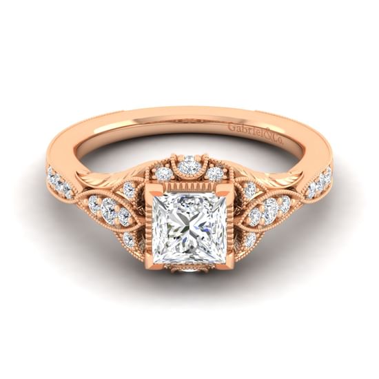 Gabriel - Unique 14K Rose Gold Vintage Inspired Princess Halo Diamond Engagement Ring