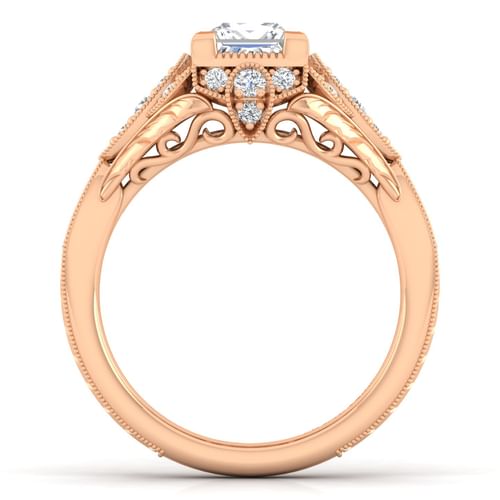 Unique 14K Rose Gold Vintage Inspired Princess Halo Diamond Engagement Ring