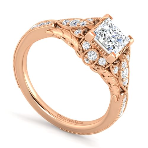 Unique 14K Rose Gold Vintage Inspired Princess Halo Diamond Engagement Ring