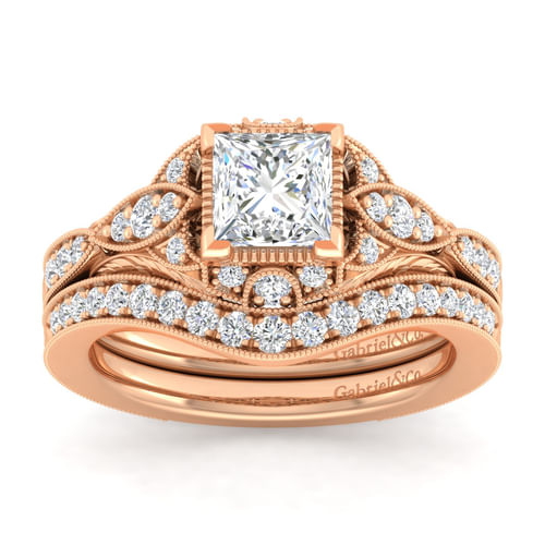 Unique 14K Rose Gold Vintage Inspired Princess Halo Diamond Engagement Ring