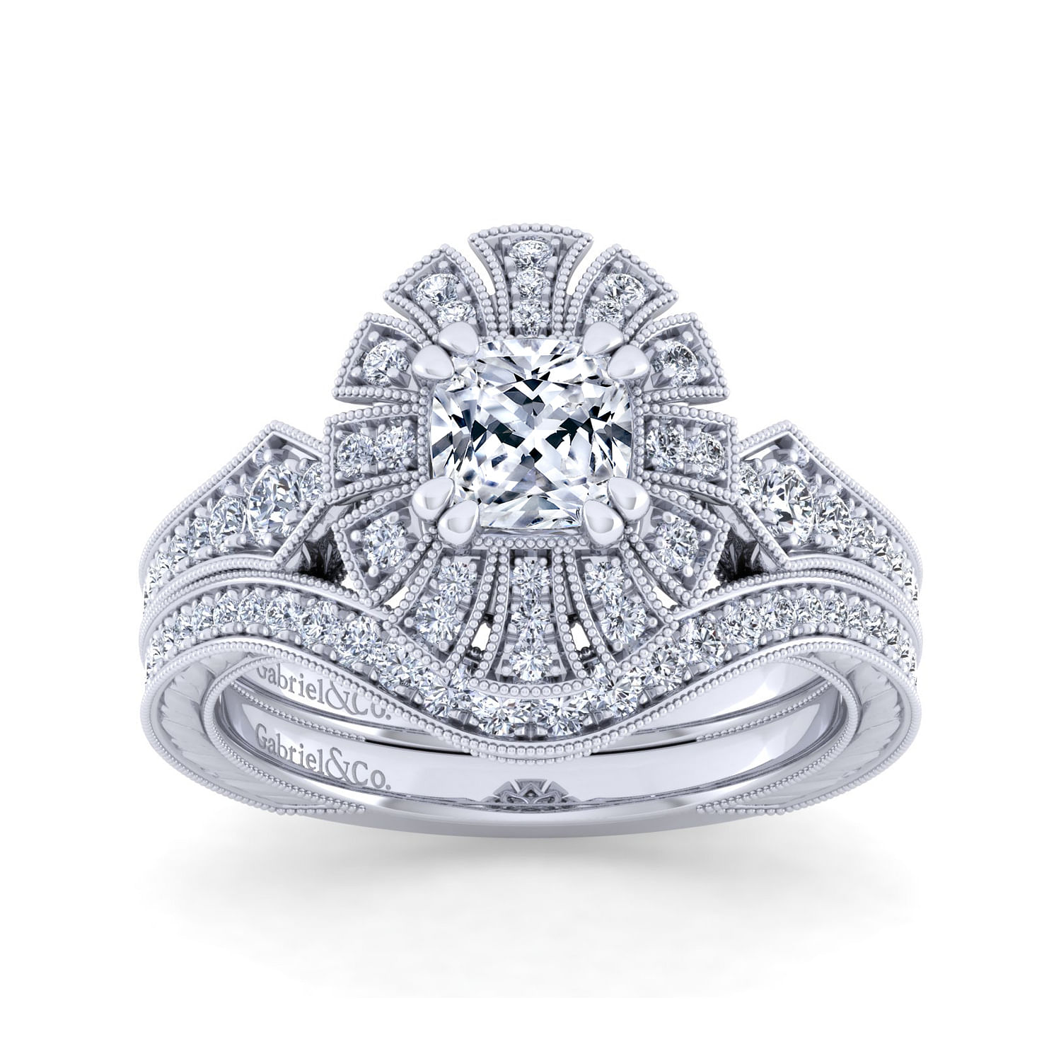 Unique 14K White Gold Art Deco Cushion Cut Halo Diamond Engagement Ring