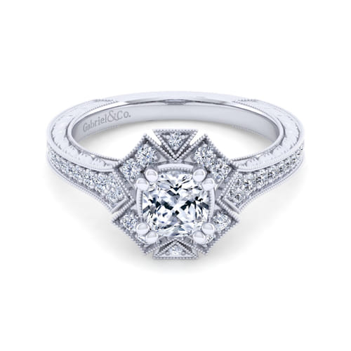 Unique 14K White Gold Art Deco Cushion Halo Diamond Engagement Ring