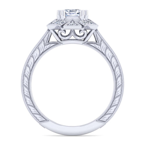 Unique 14K White Gold Art Deco Cushion Halo Diamond Engagement Ring
