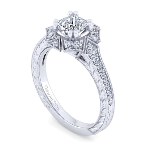 Unique 14K White Gold Art Deco Cushion Halo Diamond Engagement Ring