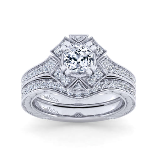 Unique 14K White Gold Art Deco Cushion Halo Diamond Engagement Ring