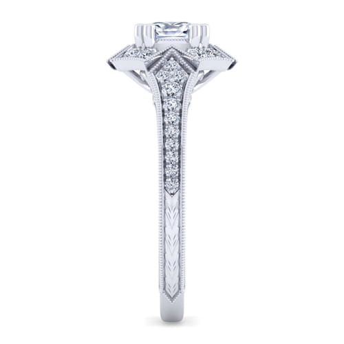 Unique 14K White Gold Art Deco Cushion Halo Diamond Engagement Ring