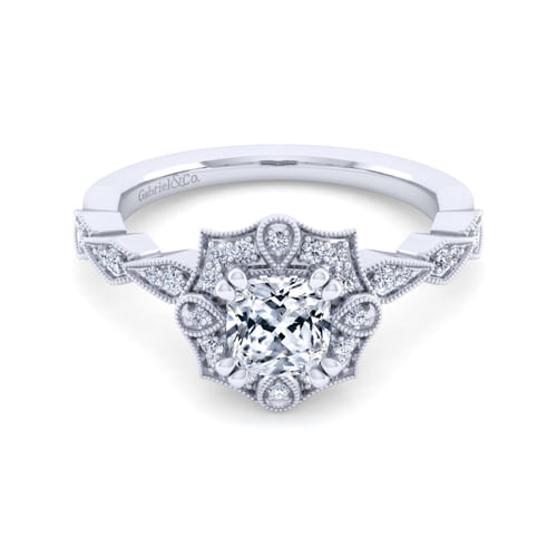 Unique 14K White Gold Art Deco Cushion Halo Diamond Engagement Ring