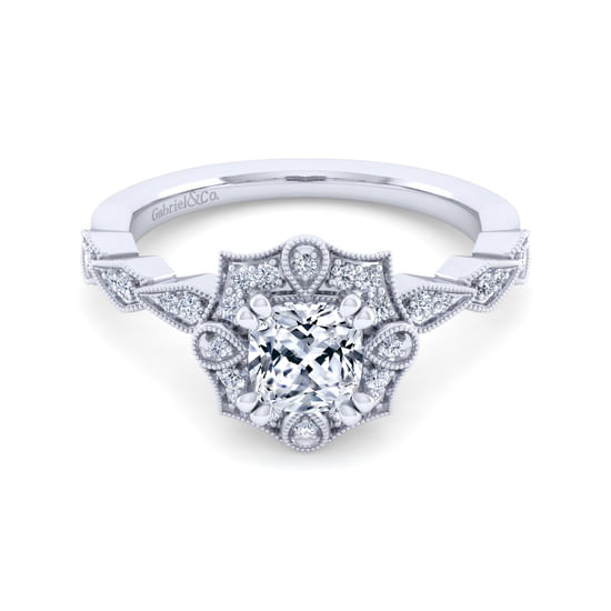 Gabriel - Unique 14K White Gold Art Deco Cushion Halo Diamond Engagement Ring