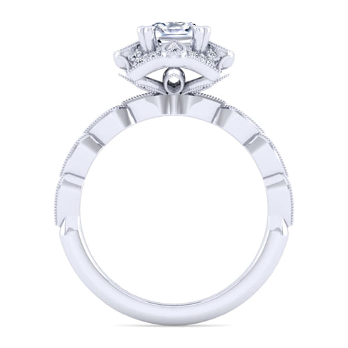 Unique 14K White Gold Art Deco Cushion Halo Diamond Engagement Ring
