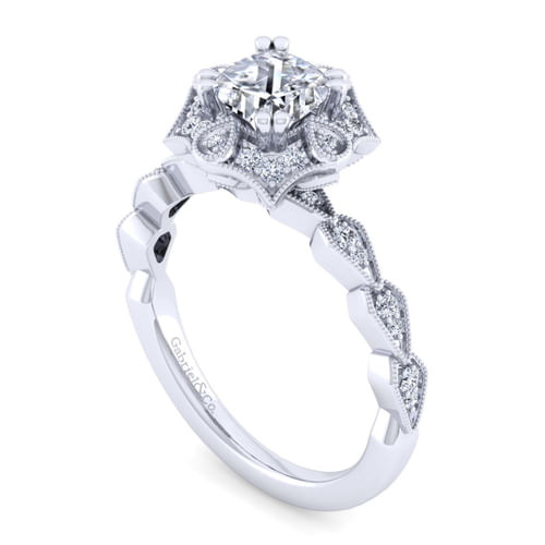 Unique 14K White Gold Art Deco Cushion Halo Diamond Engagement Ring