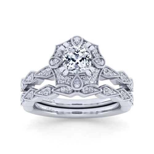 Unique 14K White Gold Art Deco Cushion Halo Diamond Engagement Ring