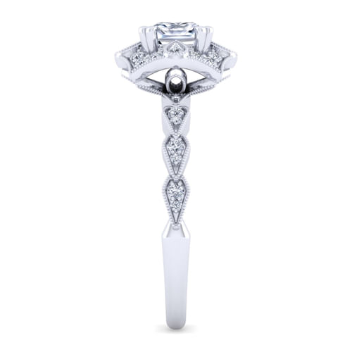 Unique 14K White Gold Art Deco Cushion Halo Diamond Engagement Ring