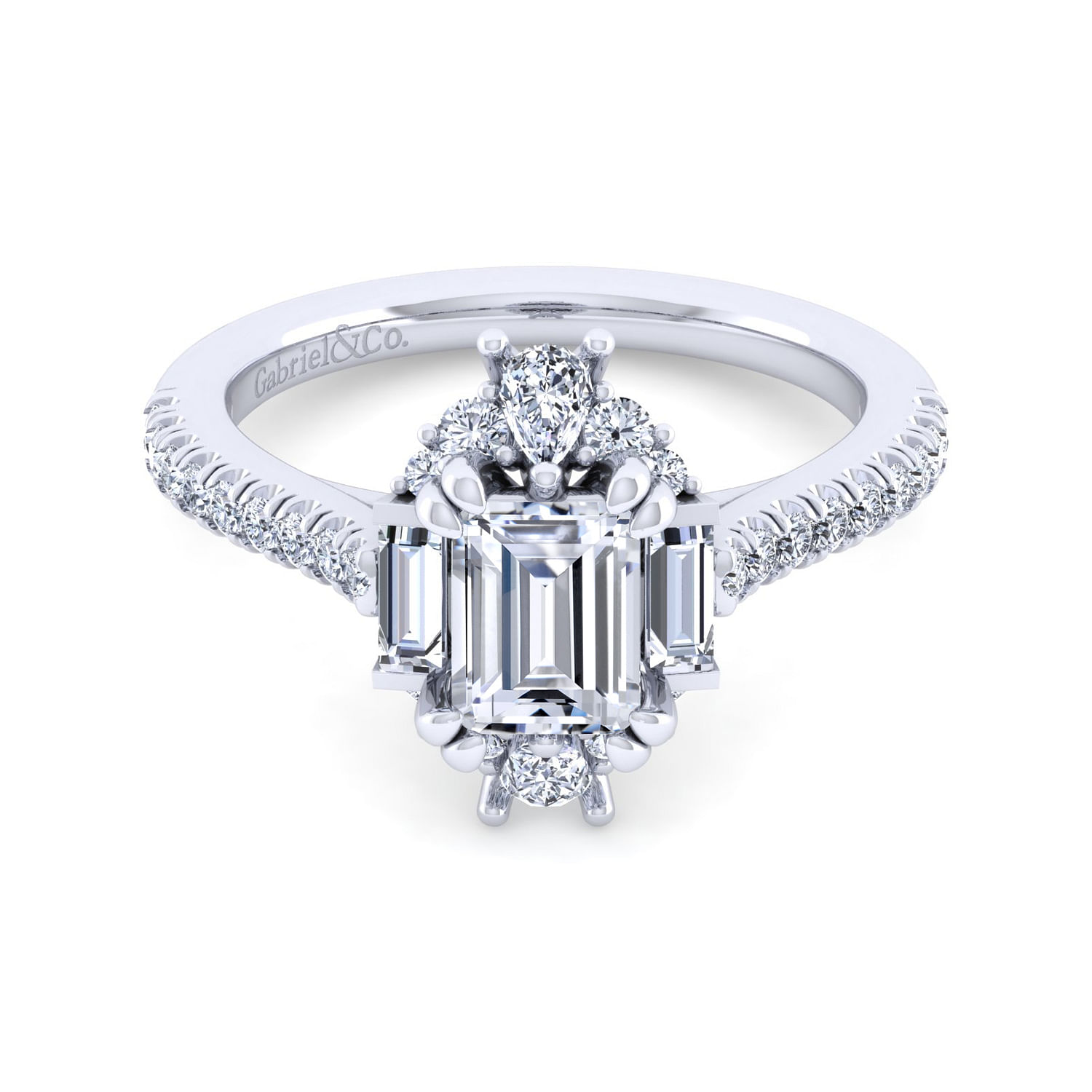 Unique 14K White Gold Art Deco Emerald Cut Halo Diamond Channel Set Engagement Ring
