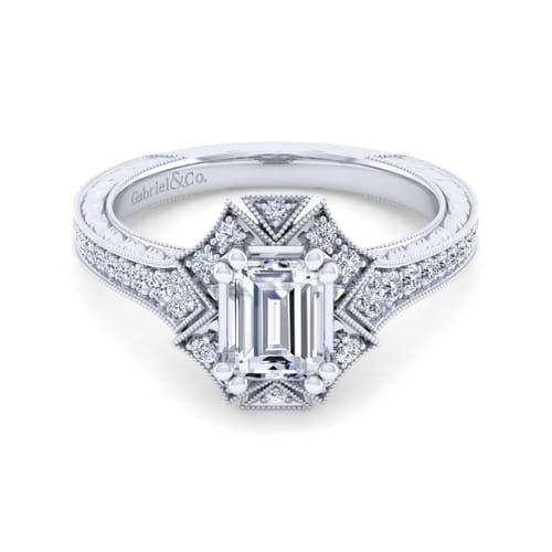 Unique 14K White Gold Art Deco Emerald Cut Halo Diamond Engagement Ring