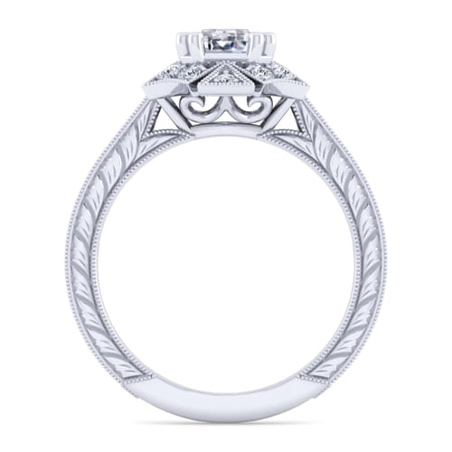 Unique 14K White Gold Art Deco Emerald Cut Halo Diamond Engagement Ring