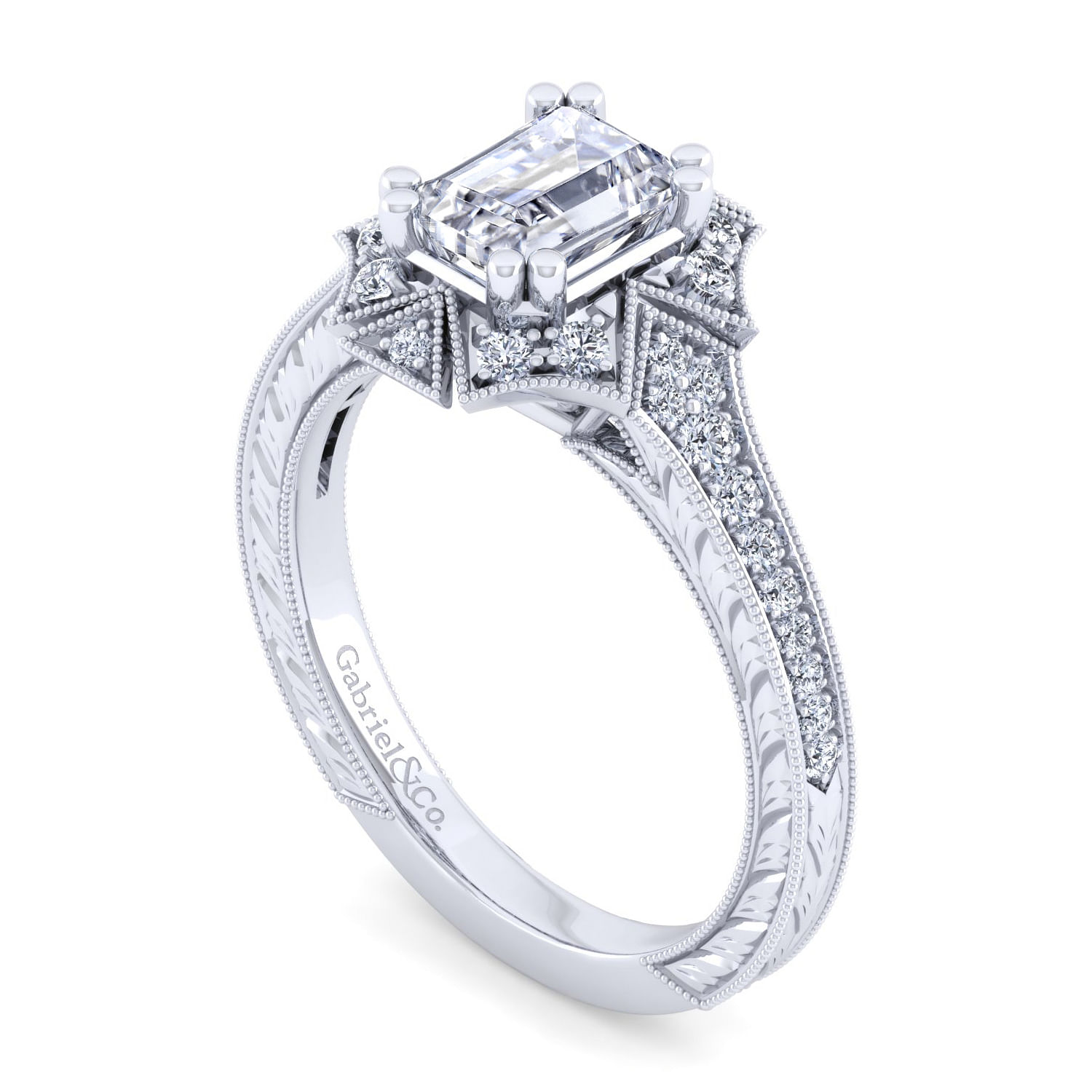 Unique 14K White Gold Art Deco Emerald Cut Halo Diamond Engagement Ring