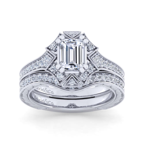 Unique 14K White Gold Art Deco Emerald Cut Halo Diamond Engagement Ring