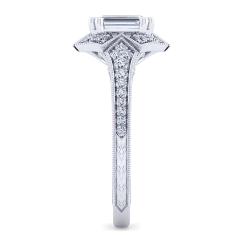 Unique 14K White Gold Art Deco Emerald Cut Halo Diamond Engagement Ring