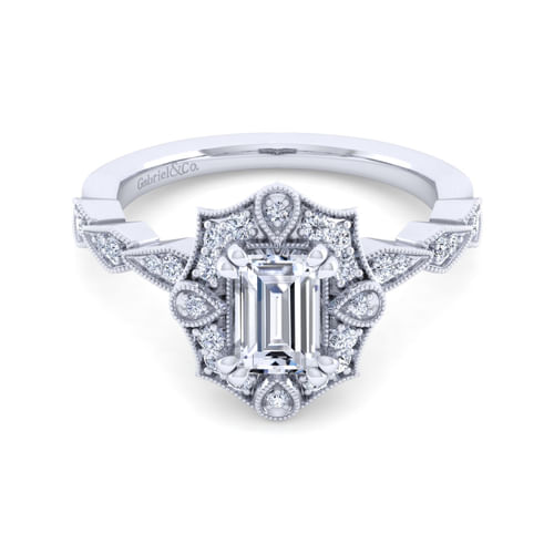 Unique 14K White Gold Art Deco Emerald Cut Halo Diamond Engagement Ring